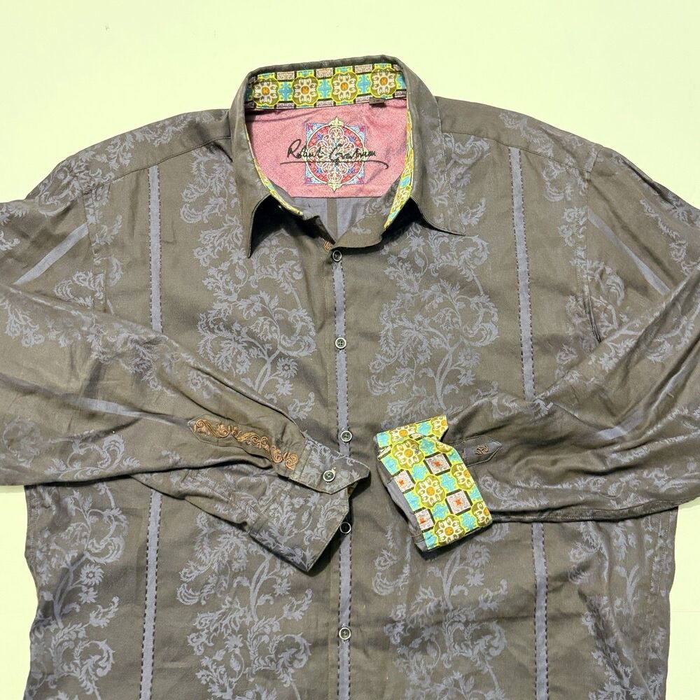 Robert Graham Classic Fit Shirt Mens L Silk Trim Floral Print Flip Cuffs Black